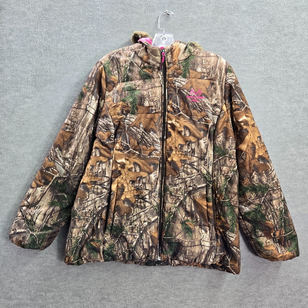 Realtree Women Jacket XL Brown Camo Puffer Hoodie‎ Full Zip Pockets Faux Fur